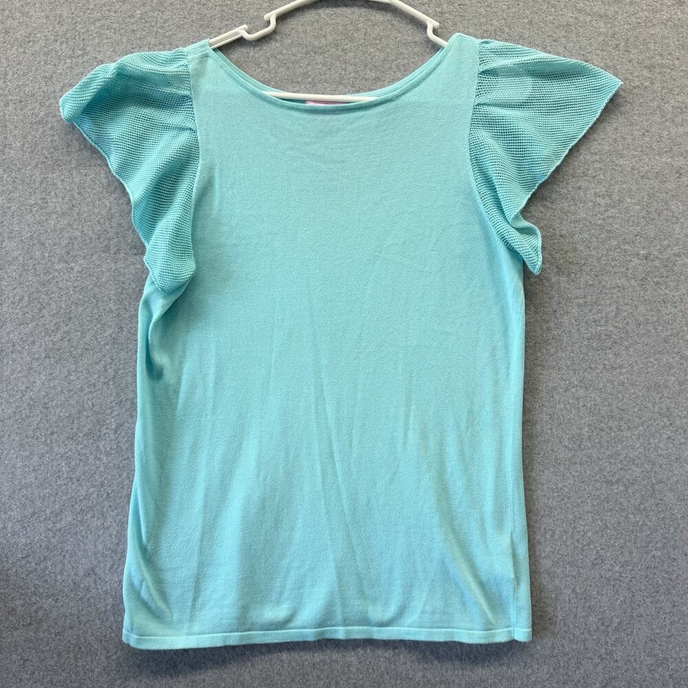 Lilly Pulitzer Top Solid Teal Blue Flutter Sleeve Women's Large Preppy Spring L